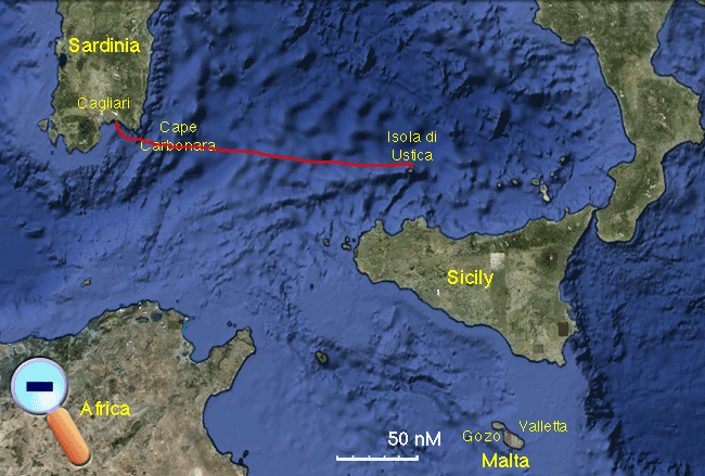 Route from Sardinia to Ustica