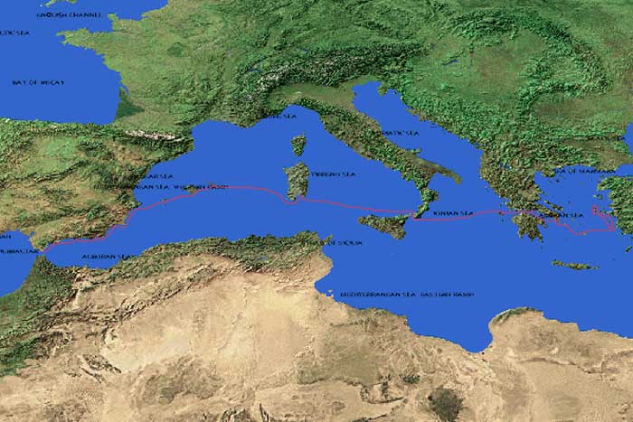 Map of the Mediterranean with route
