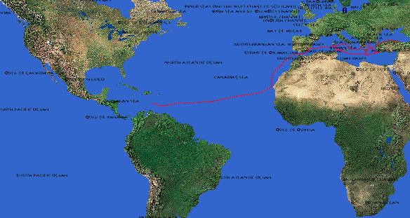 Map of the Atlantic with route