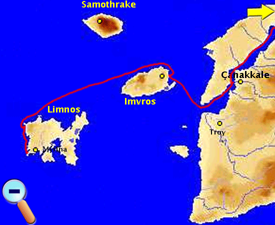 Route from Çanakkale to Limnos
